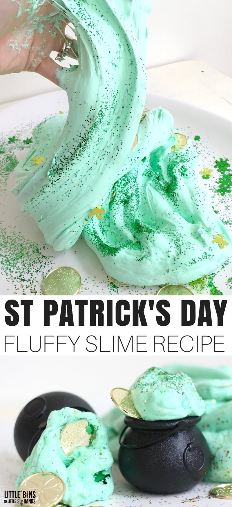 This lucky leprechaun got to make a fresh batch of our homemade fluffy slime this week! If you haven't made fluffy slime then you are in for a real treat, and if you have already then you know how awesome homemade slime is! Today we bring you a brand new theme, a fluffy St Patricks Day slime recipe! Glitter, leprechauns, gold coins, and more!