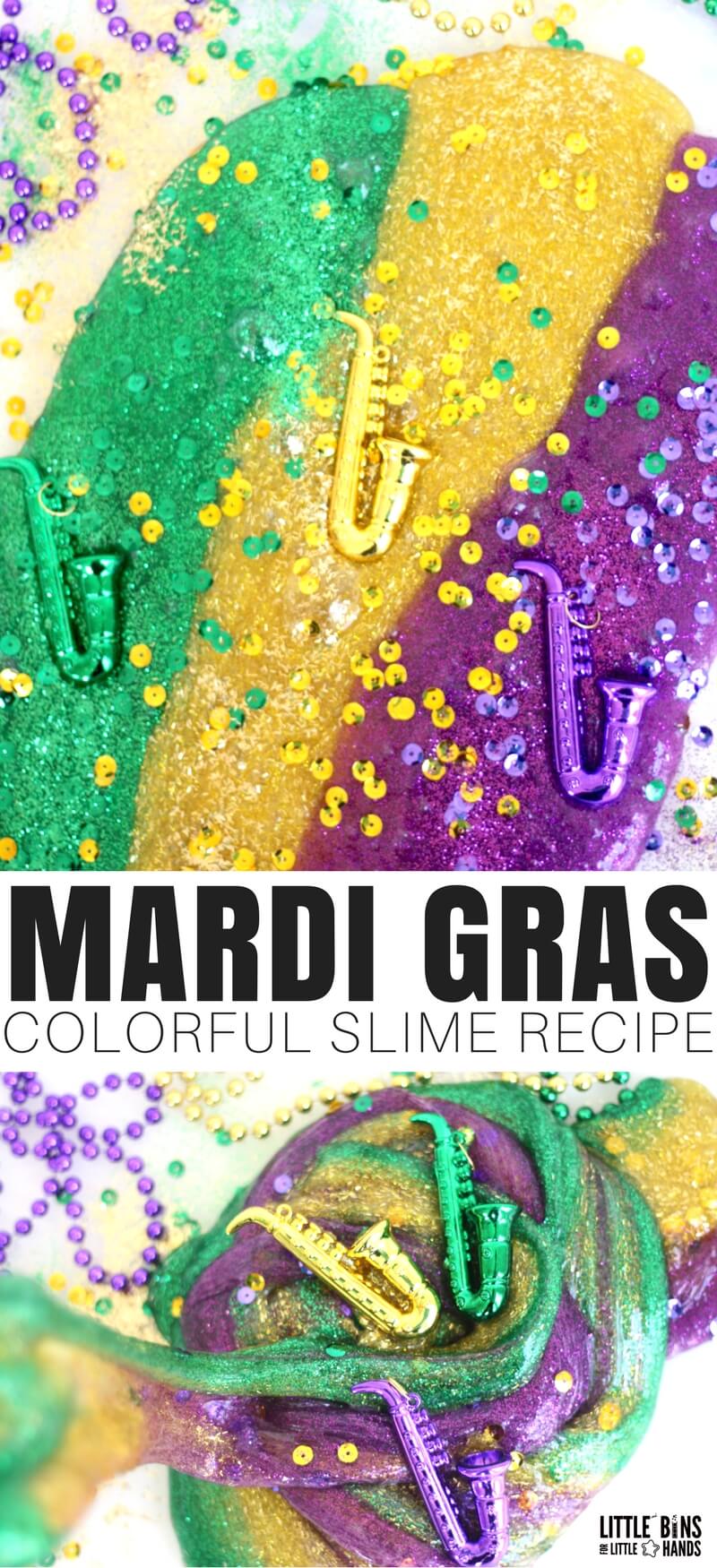 How To Make Mardi Gras Slime Recipe! Learn how to make colorful Mardi Gras slime with our easy to make slime recipes. Homemade slime recipes are a blast when you have the best ones! Making slime is easy and perfect to go with an holiday, season, or special occasion.