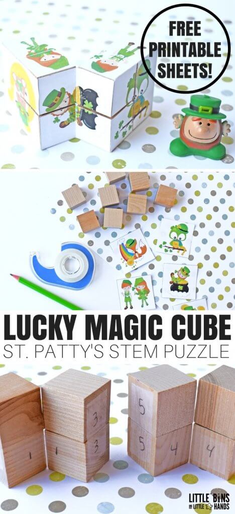 I am super excited to share this neat St Patricks Day Magic Cube Puzzle with you this week. It's perfect to add to our St Patricks Day STEM countdown happening the first 17 days of March! You will find the free printable and step by step instructions below to make your very own lucky magic cube with your own little leprechauns. Keep STEM fun!