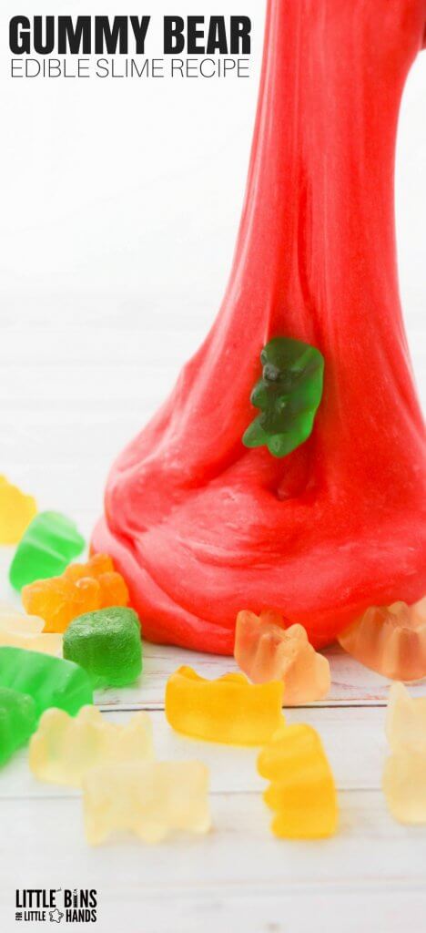 If you want or need a different kind of slime activity, our newest edition of a gummy bear edible slime recipe is just for you! I am more of a classic slime kind of gal, but who can resist a bit of candy science. Our homemade slimes are so diverse now that there is definitely something for everyone! Taste safe or edible slime is a great alternative and completely borax free.
