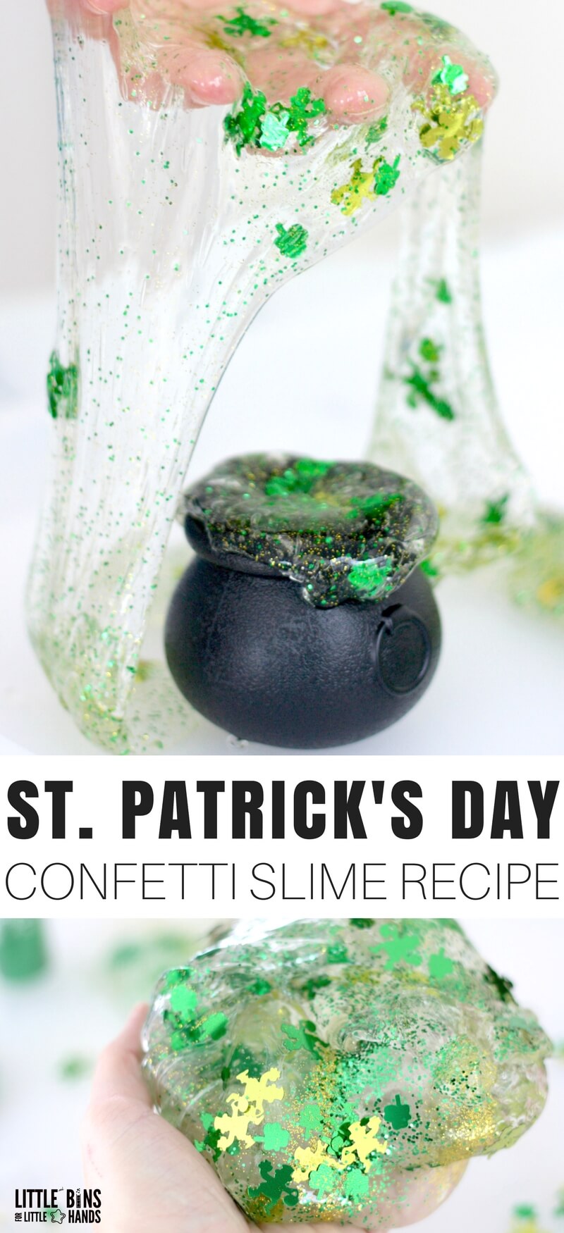 Leprechauns, glitter, confetti, gold coins, oh my! Fill a little black kettle with our amazingly easy to make St Patricks day slime recipe and watch it ooze out! We love our homemade slime recipes and know you will to. Slime making is our mission, and we want you to be able to make the best slime recipes ever!