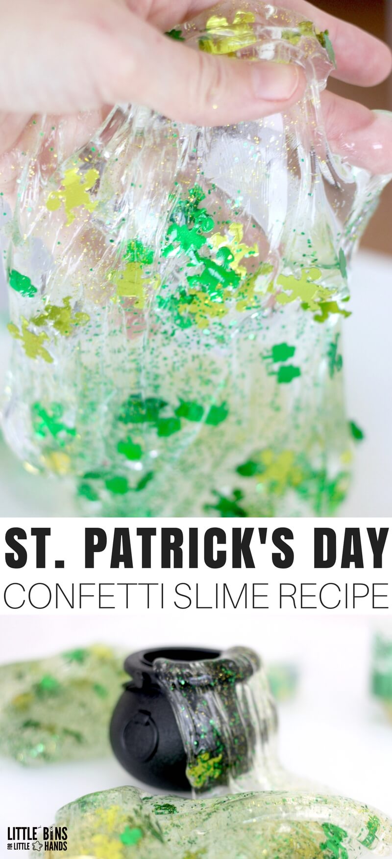 Homemade slime for St Patricks Day! Try our easy to make St Patricks Day slime recipe filled with leprechaun confetti and glitter!
