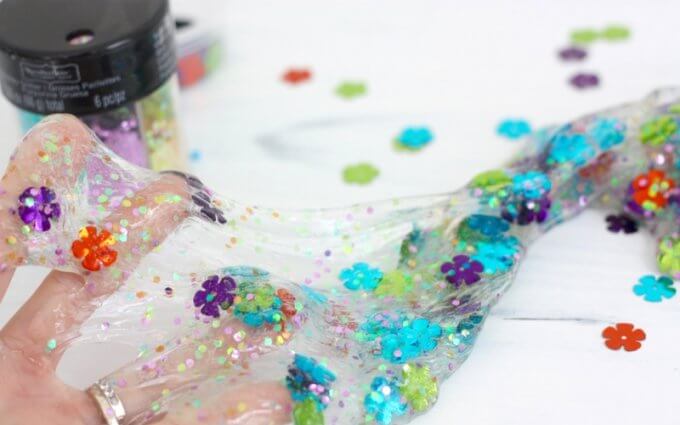 Spring Slime Recipe with Flower Confetti and Homemade Clear Glue Slime