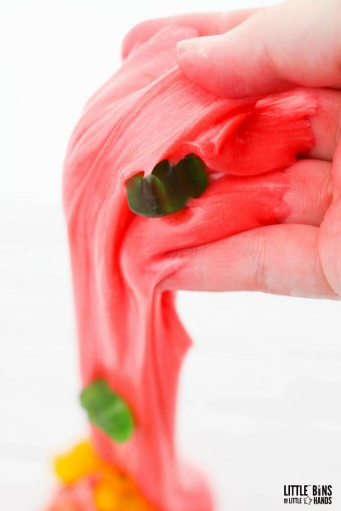 Playing with gummy bear edible slime recipe