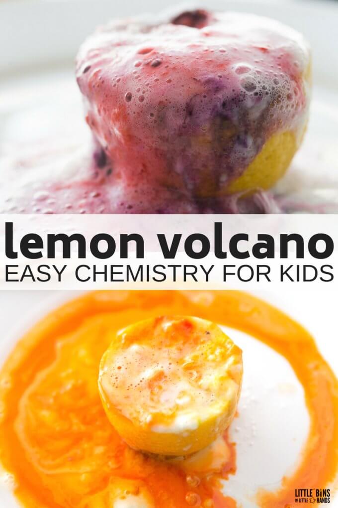 Simple erupting lemon volcano chemistry experiment for kitchen science. Try out baking soda and vinegar activities for classic science experiments and learn about a simple chemical reaction with colorful lemon volcanos. How about limes too?