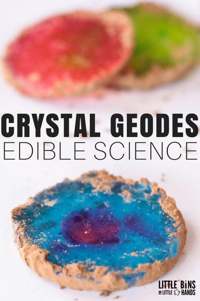 Eat your science with a totally SWEET activity! Learn how to make edible geode crystals using simple ingredients I bet you already have! We love edible science because it's a super fun way to get in the kitchen and experiment with all your senses! Connect with your kids and get started on AWESOME simple science activities.