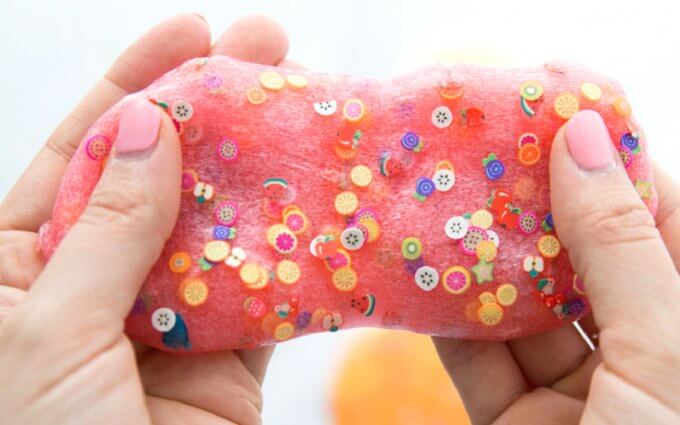Strawberry fruit scented slime recipe with fruit slices confetti for kids