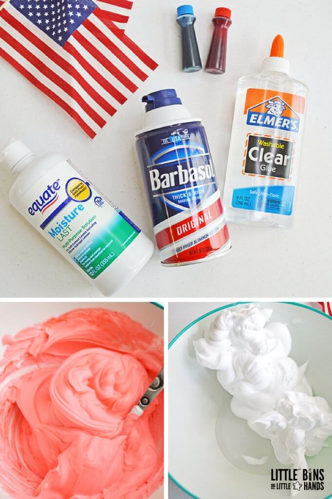 Fluffy slime recipe with shaving cream supplies for kids and red fluffy slime mixing in bowl.