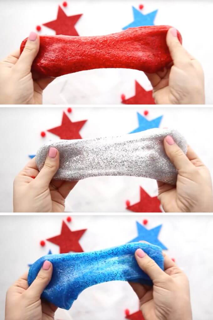 how to make slime for 4th of July summer slime recipes. Red, white, and blue swirled slime