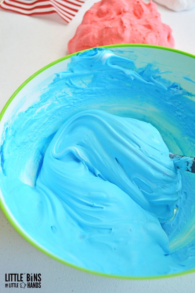 blue 4th of July fluffy slime in bowl