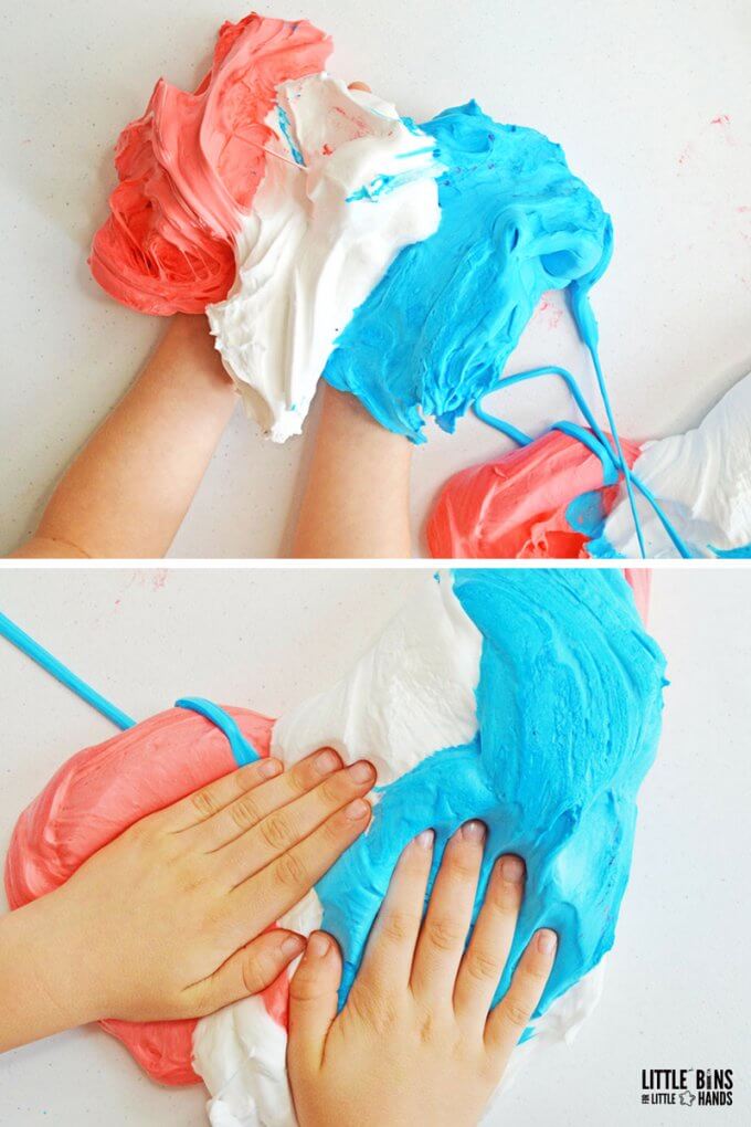 Homemade 4th of July fluffy slime recipe with shaving cream