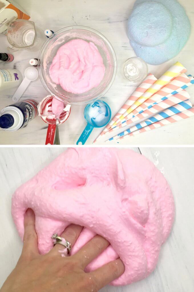 Fluffy cotton candy scented slime recipe supplies on table