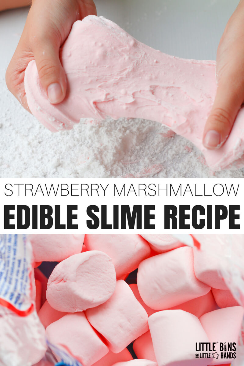 Need a taste safe slime recipe? Check out how we make slime with marshmallows and powdered sugar. Learn how to make edible marshmallow slime recipe and kids will think you are the coolest! Marshmallow slime without cornstarch is much tastier! Our newest collection of edible slimes will have kids smiling and they are totally borax free too!