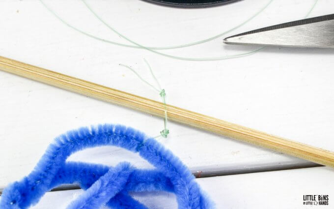 attaching pipe cleaners to skewer with fishing line for growing crystals using borax