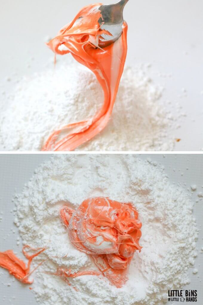 Melted taffy candy is put on powdered sugar for mixing up edible slime with kids