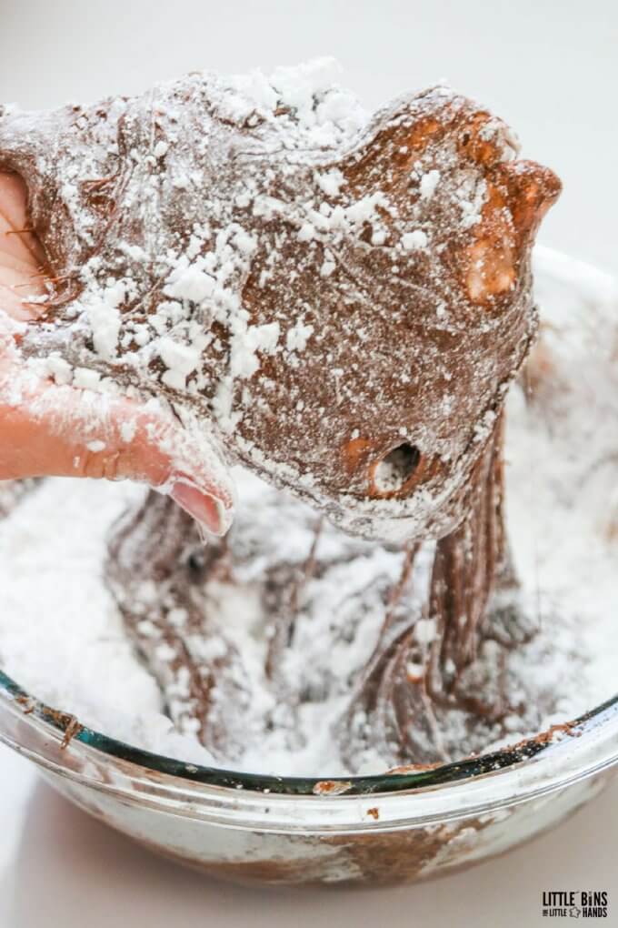 powdered sugar reduces the stickiness when you are kneading your chocolate slime