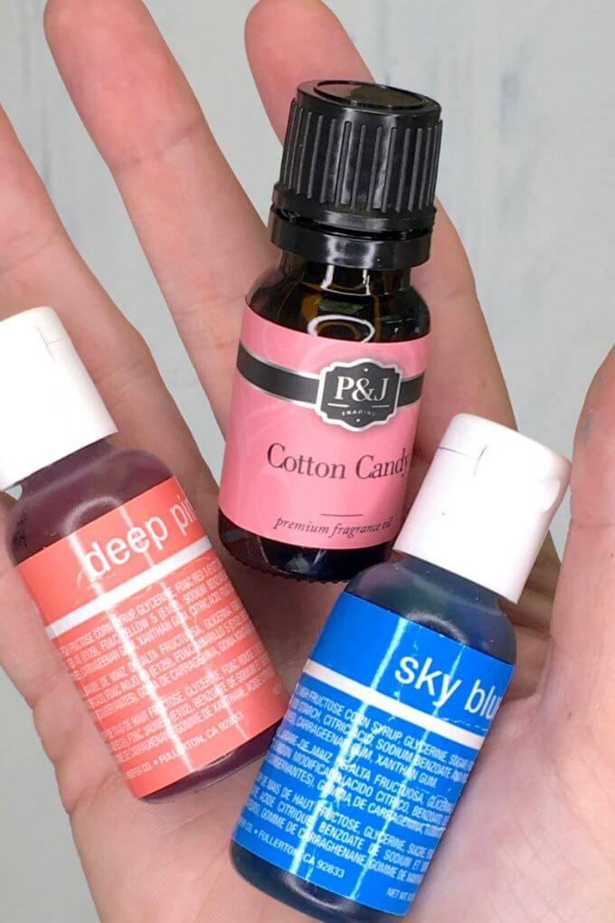 Cotton candy fragrance oil and food coloring choices we use to make cotton candy theme slime