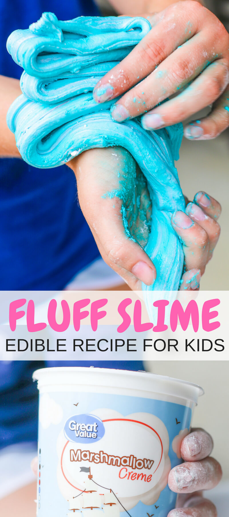 No cook, edible marshmallow fluff slime recipe for kids! Make this easy taste safe and borax free slime using marshmallow fluff and sugar. DIY edible marshmallow fluff slime is a hit with kids slime making activities