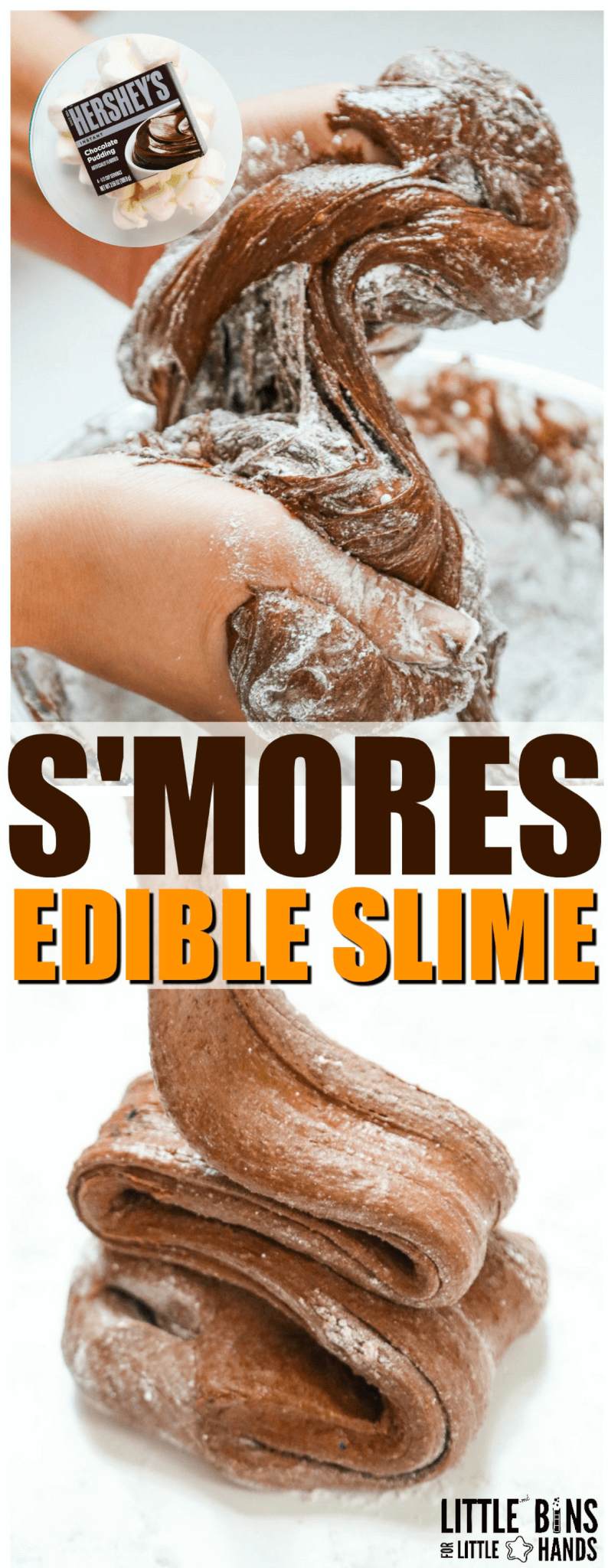 Our 3 ingredient edible chocolate slime recipe is going to blow your kid's mind. Why is that? Because we paired it with a s'mores theme for amazing sensory play that's completely edible. As a little twist, we are going to make this edible chocolate slime without condensed milk and without cornstarch. What do we add instead, read below and learn how to make edible chocolate slime recipes with the kids right now! Edible slime is perfect for kids of all ages.
