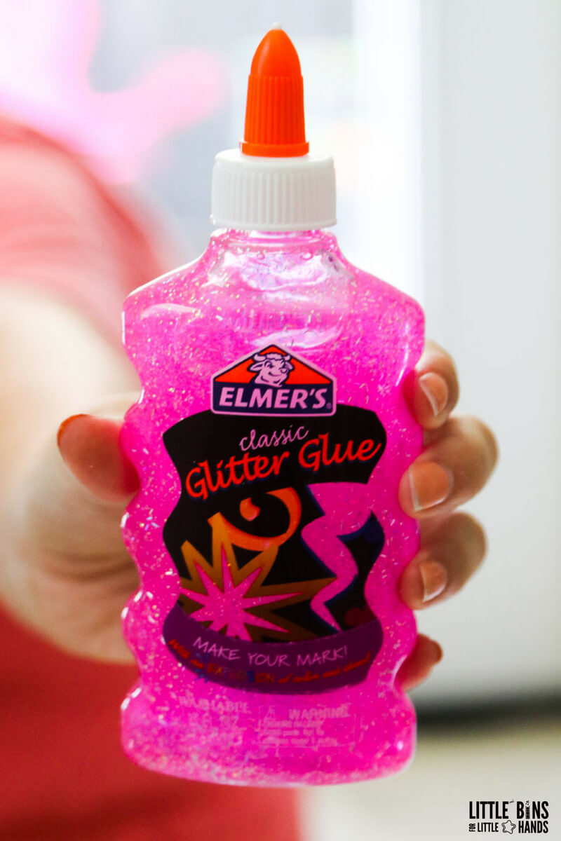 Pink Elmers glitter glue for easy slime making activity and two ingredient slime recipe