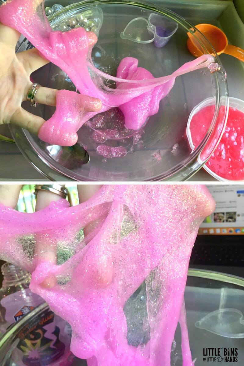 freshly mixed pink slime with Elmers glitter glue two ingredient slime recipe