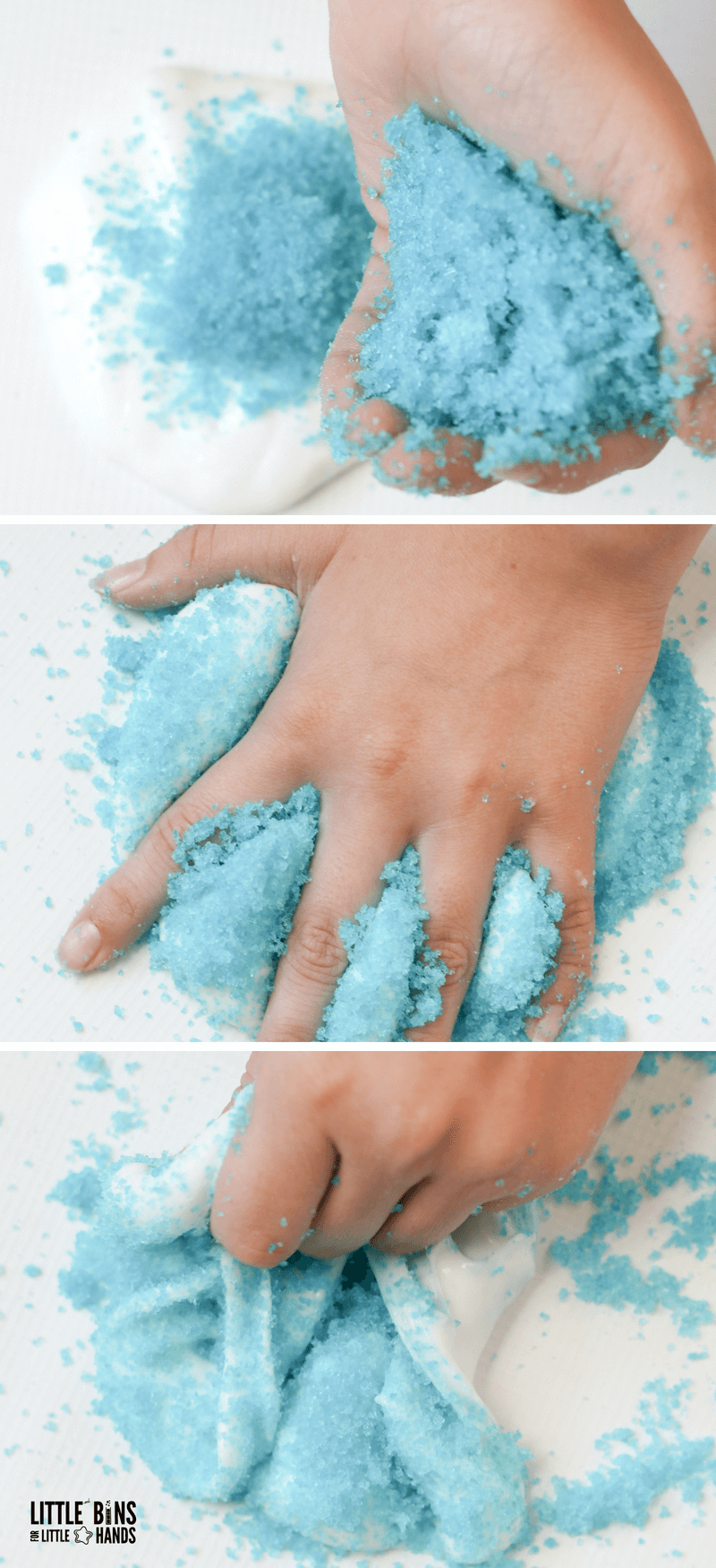 mixing blue instant snow into base slime recipe to create cloud slime