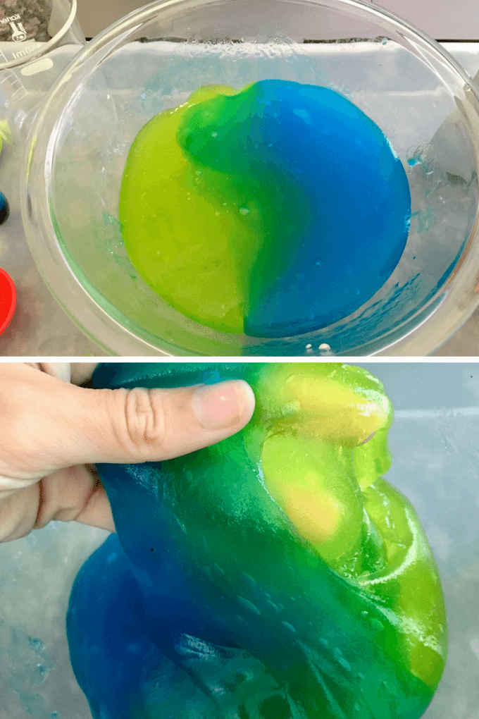 yellow and blue guar gum no glue slime recipe mixed together