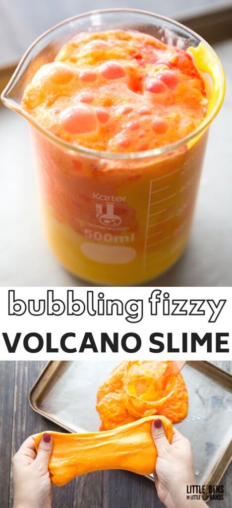Fizzing slime volcano recipe for cool slime making and baking soda and vinegar chemical reactions with kids