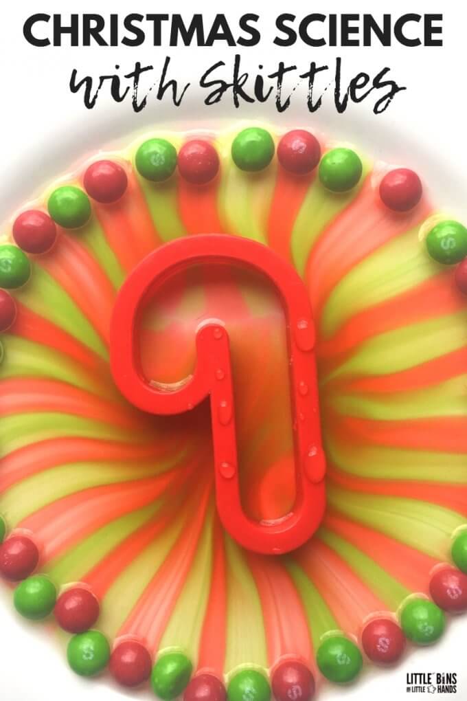 Christmas skittles science activity is the perfect way to use candy for science and explore a classic science experiment with water stratification. Water density and physics made easy!