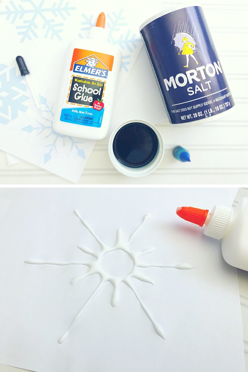 Snowflake salt painting supplies and glue snowflake pattern waiting for salt