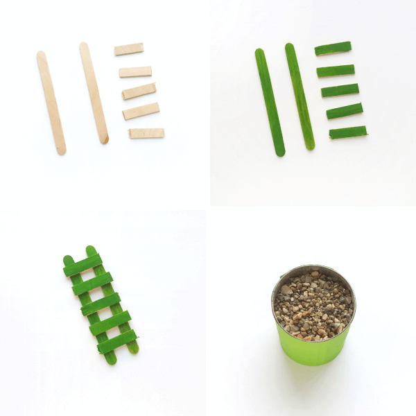 Building a green craft stick bridge for a leprechaun trap