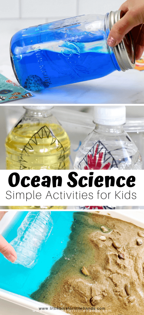 Ocean science activities for kindergarten and preschool ocean theme and beach learning. Make ocean slime, beach discovery bottles, sand slime, wave bottles, measure shells, grow crystal seashells, and more summer science ideas for kids.