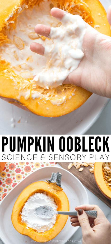 Pumpkin oobleck cornstarch recipe with ral pumpkin to explore physics, states of matter, and non-newtonian fluids