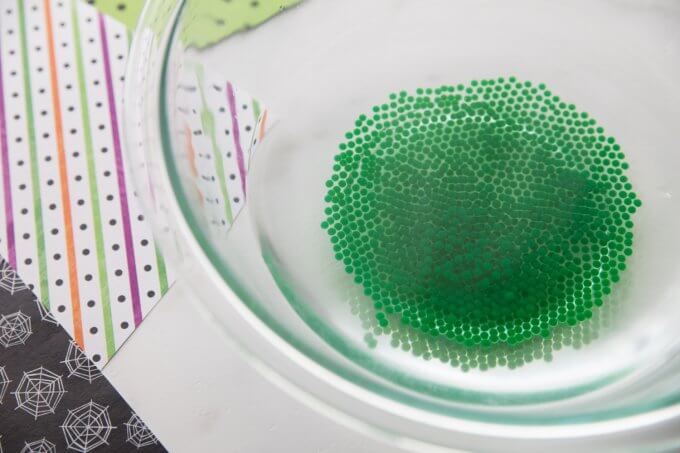 green water beads that have started to plump in bowl