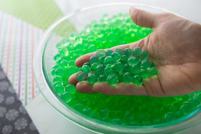 green water beads fully grown and plump in bowl