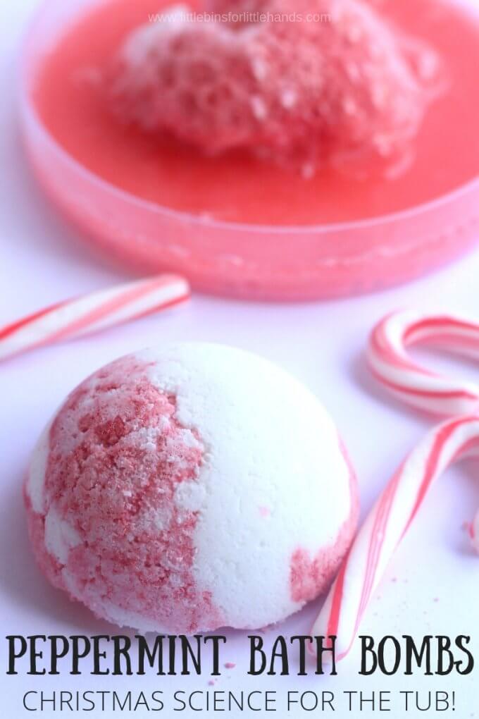 Peppermint Christmas bath bombs you can make with your kids.  Cute homemade Christmas gifts!
