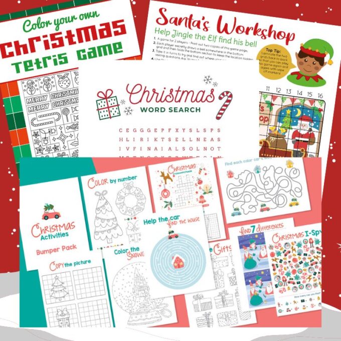 pictures of specific Christmas games included in the pack. Includes mazes, coloring pages, tetris, I spy and more.