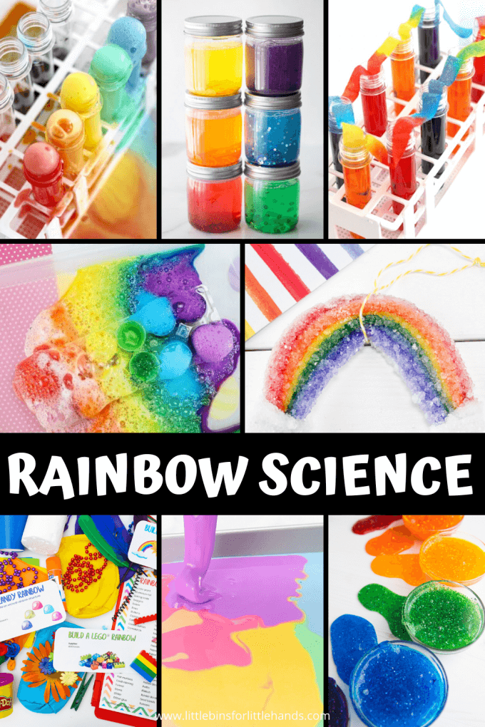 Rainbow science experiments and activities for kids STEM. Rainbow science activities include making slime, growing crystals, building rainbows, and erupting rainbows!