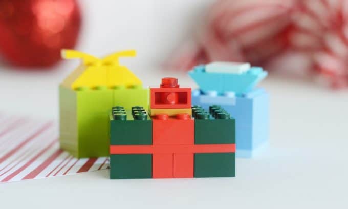 Three different presents made out of Legos.