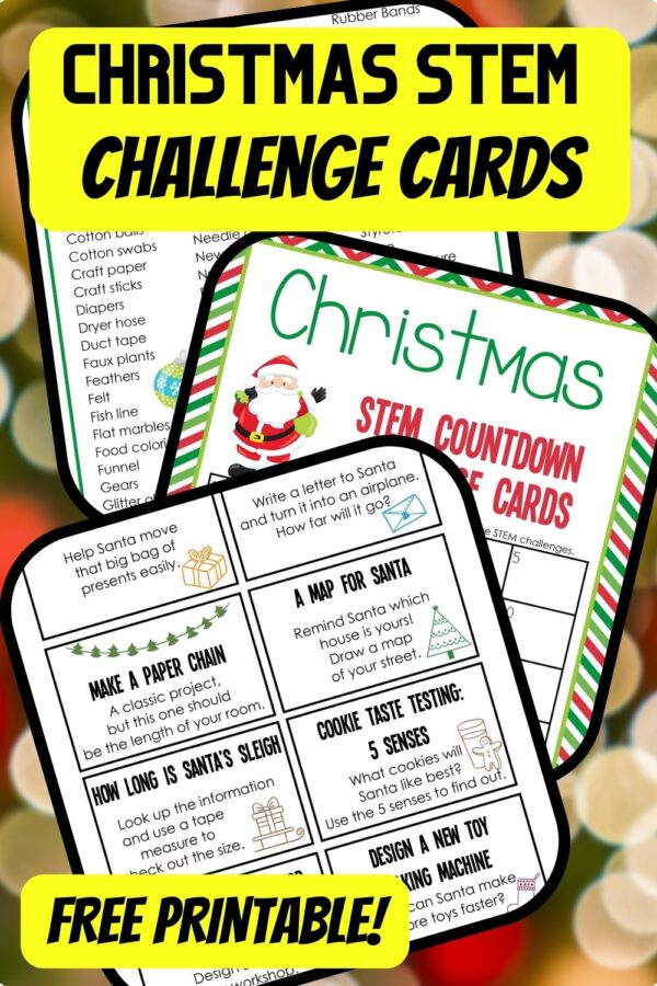 Christmas STEM Challenge cards countdown calendar and Christmas advent calendar ideas for kids with free printable Christmas cards. Super fun STEM activities for kids that everyone in the family will enjoy! STEM challenges are always so much fun! #STEM #Christmas #kids