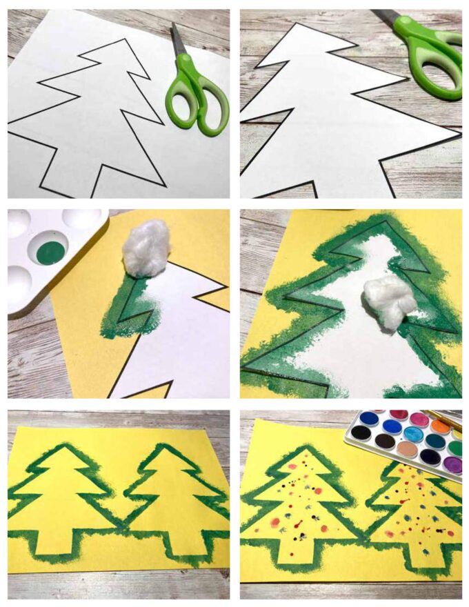 Step by step pictures of cotton ball stamped Christmas tree outline