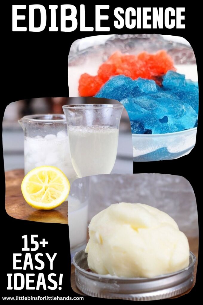 15+ edible science activities showing slushies, homemae butter, and fizzy lemonade.