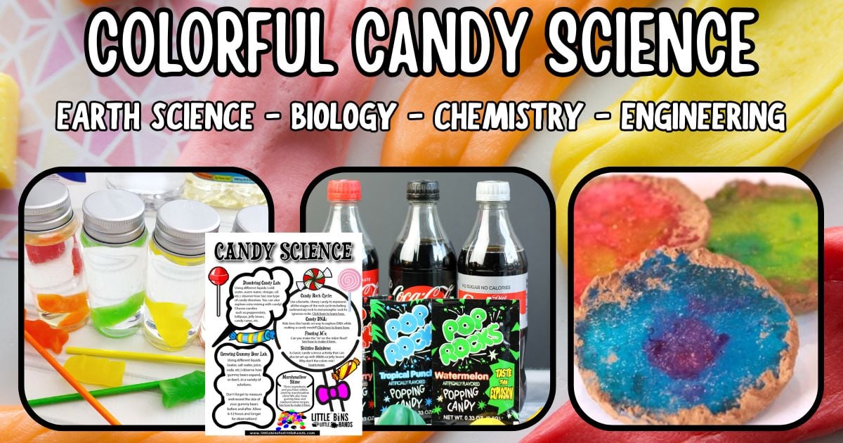Colorful candy science experiments for kids including gummy bears, Skittles, Pop Rocks, and candy STEM activities