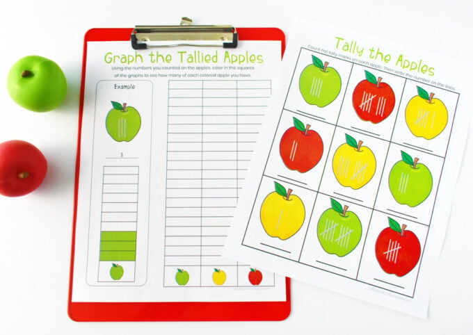 Apple graphing activity for kids with tally marks, class survey data, and printable graph worksheets