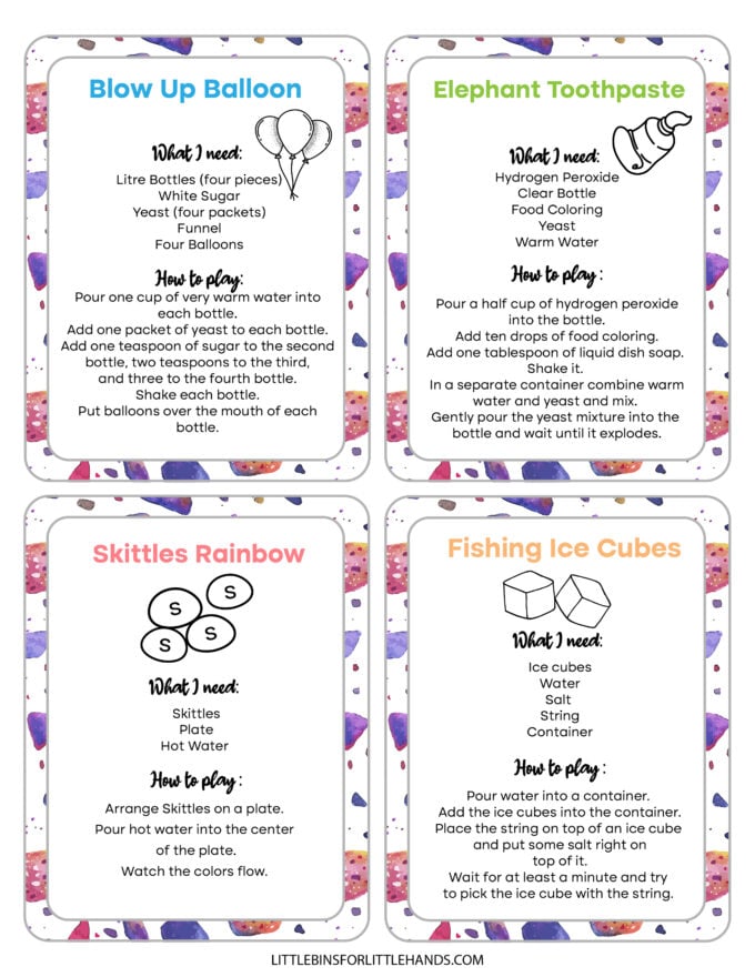 printable science cards for kids with easy experiments to set up and repeat