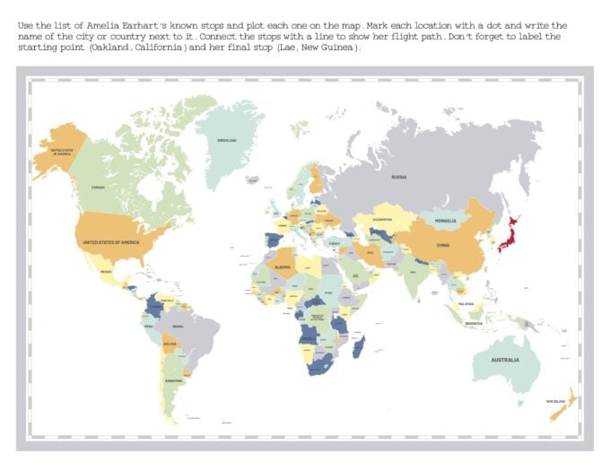 Amelia Earhart flight path world map investigation worksheet