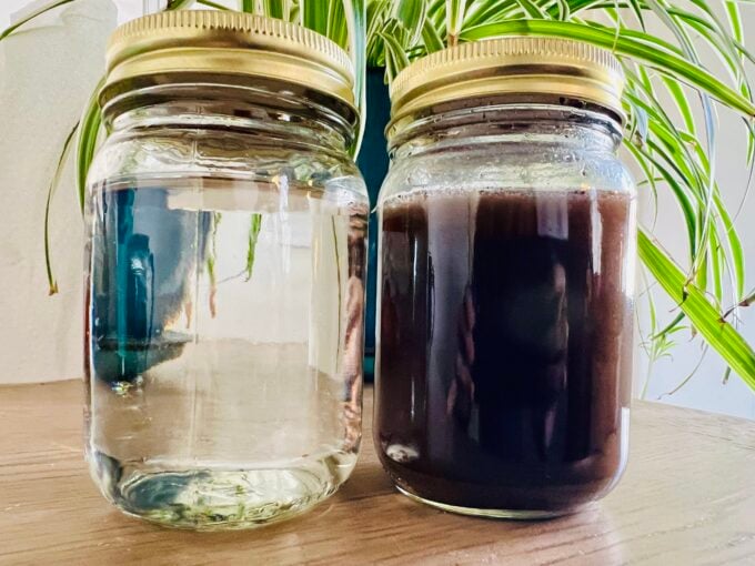 two jars showing clean vs polluted water for kids science activity