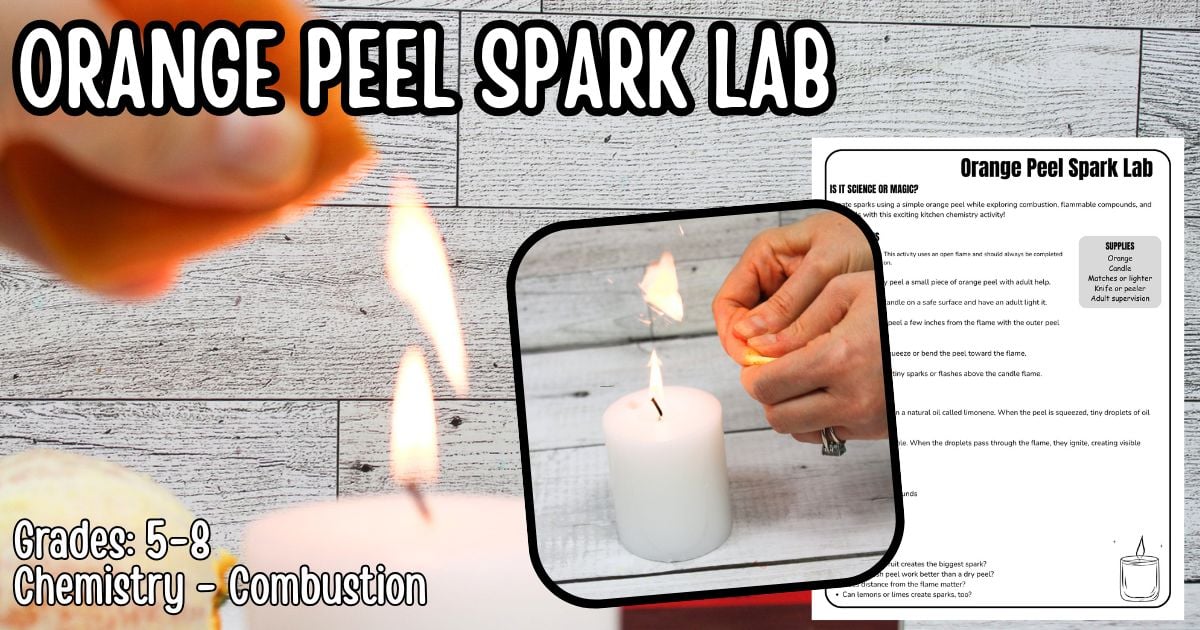 Orange peel spark experiment showing citrus oil igniting above candle flame