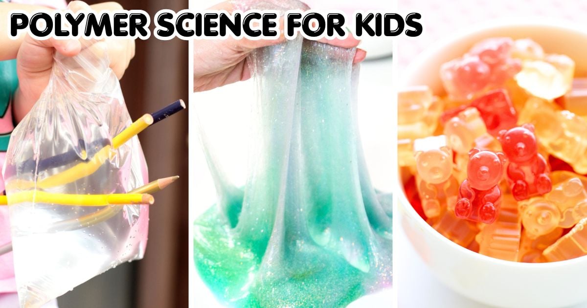 Polymer science for kids with slime, plastic materials, gummy bears