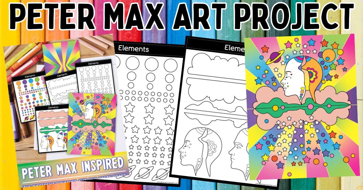 Peter Max inspired art project for kids with colorful stars, planets, faces, and rainbow background